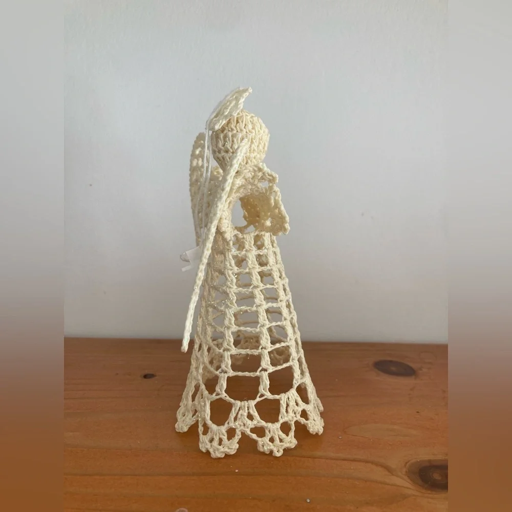 Vintage Crocheted Beige Starched Angel Tree Topper 6” Tall Handmade